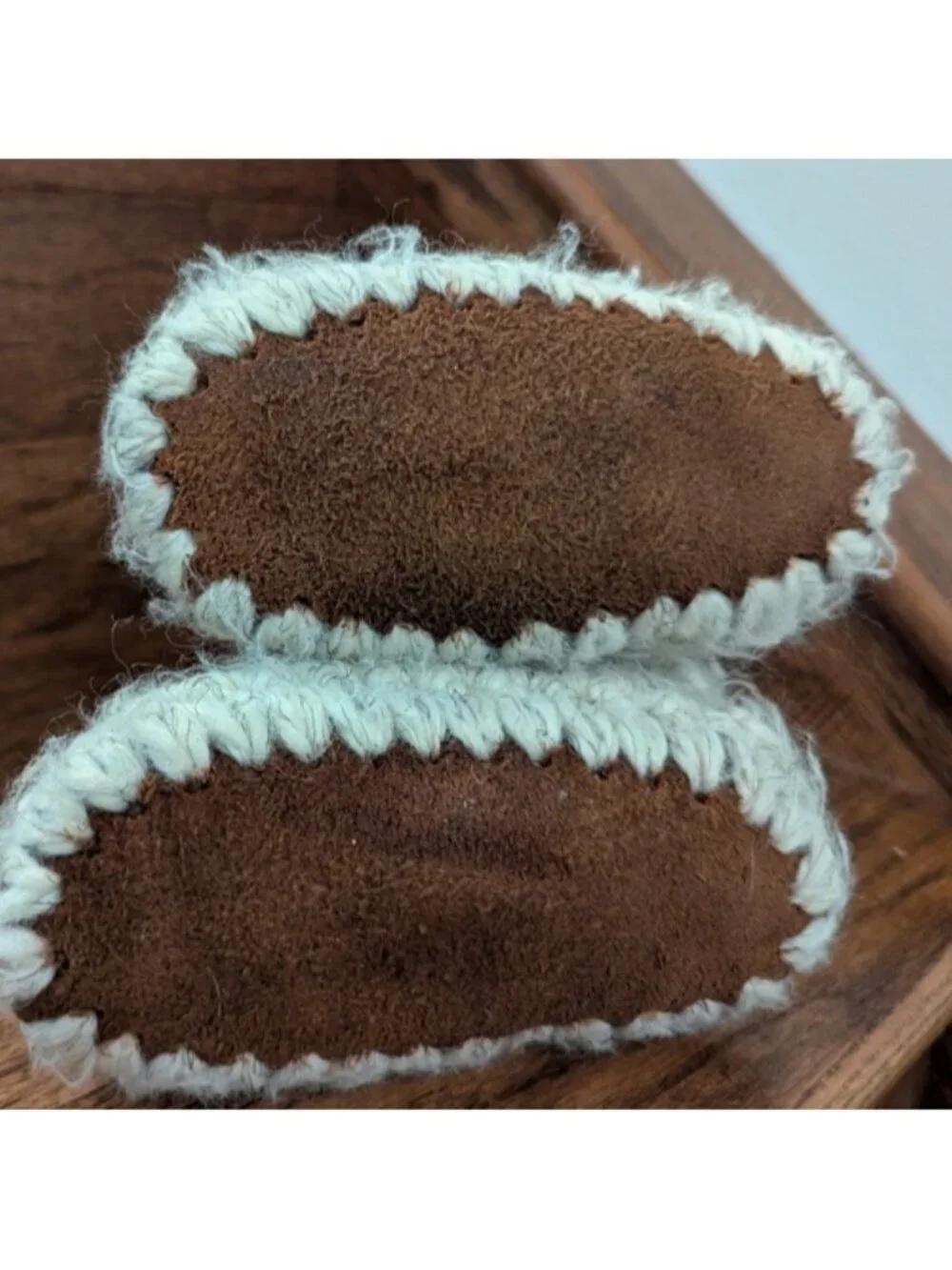 Handmade Wool Suede & Shearling Cream & Brown Crochet Baby Boots Sz 1-2 Years